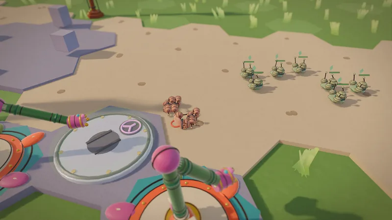 A small army marching out past the towers of a base