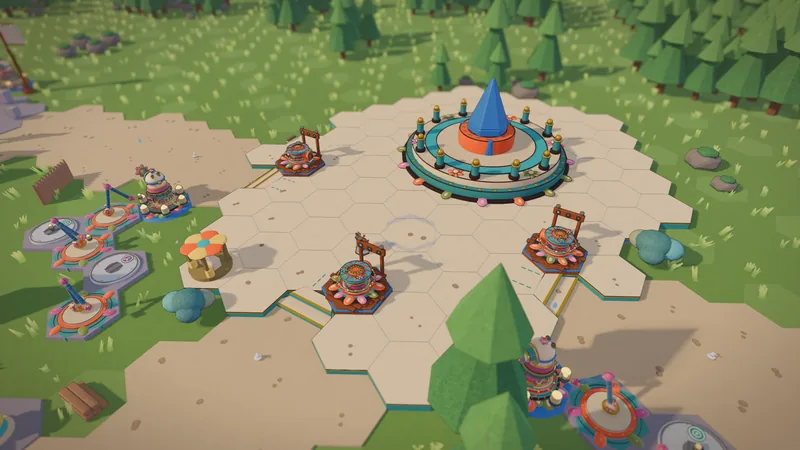 The throne on its court of hex tiles, with bases and towers around it
