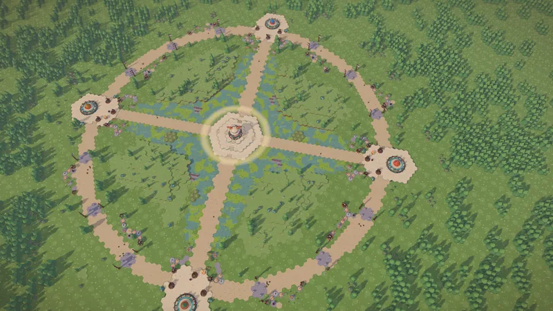 The whole board from above, lanes running from the bases to the throne