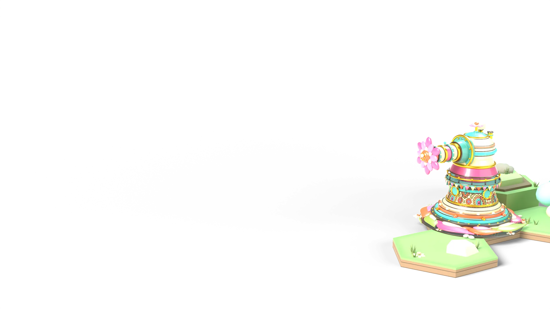 The flower cannon, a tower covered in rings, brass and a blossom at its muzzle