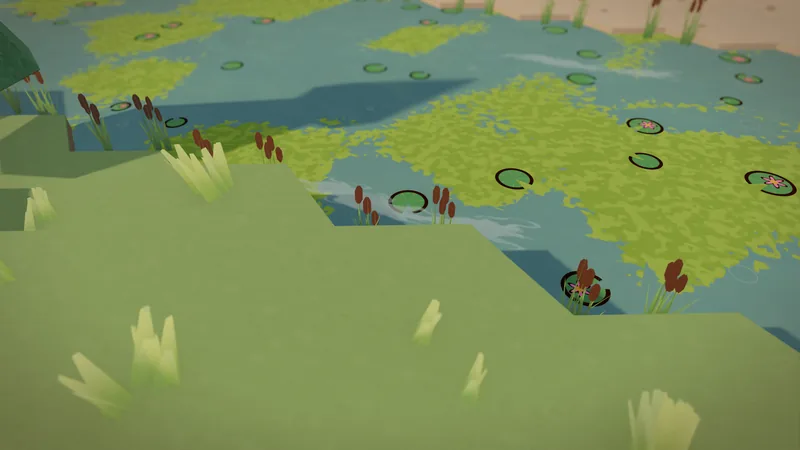 Swamp water with lily pads and reeds beside the board